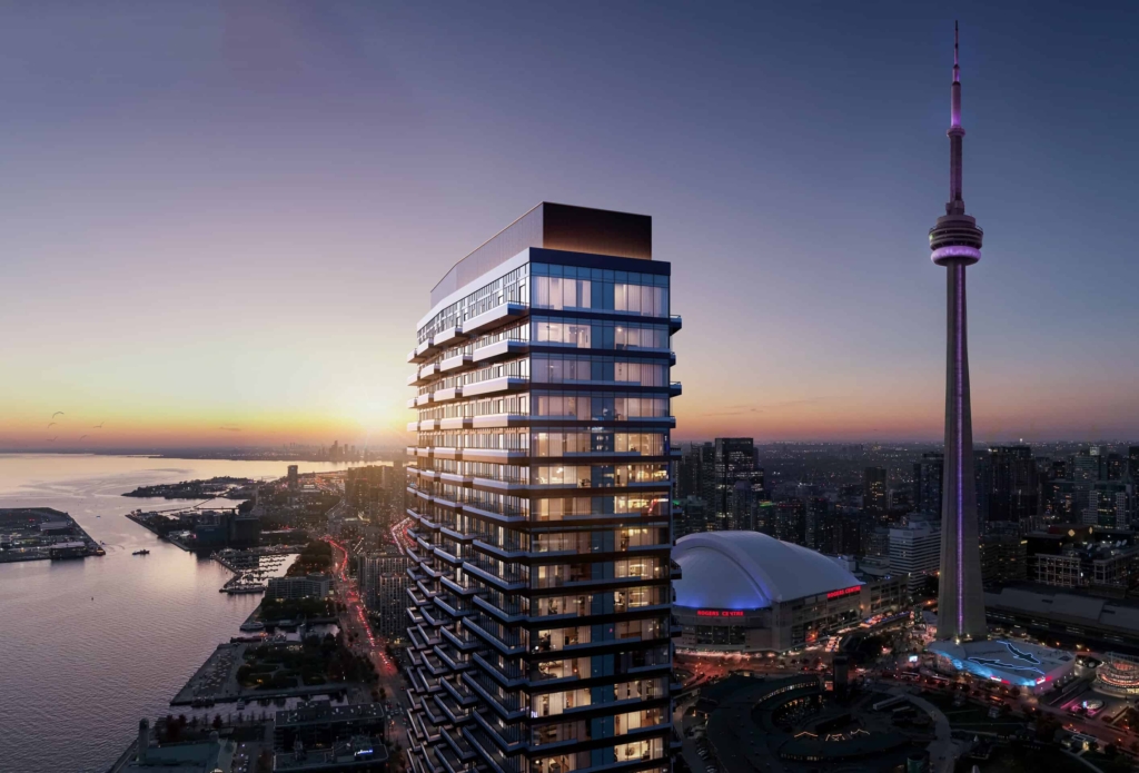 Q Tower Condos Exterior Upper Levels at Dusk with CN Tower