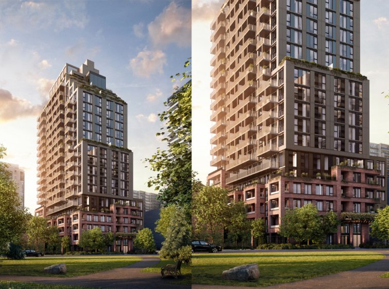 AKRA Condos Split Screen Exterior View of Tower and Upper Levels